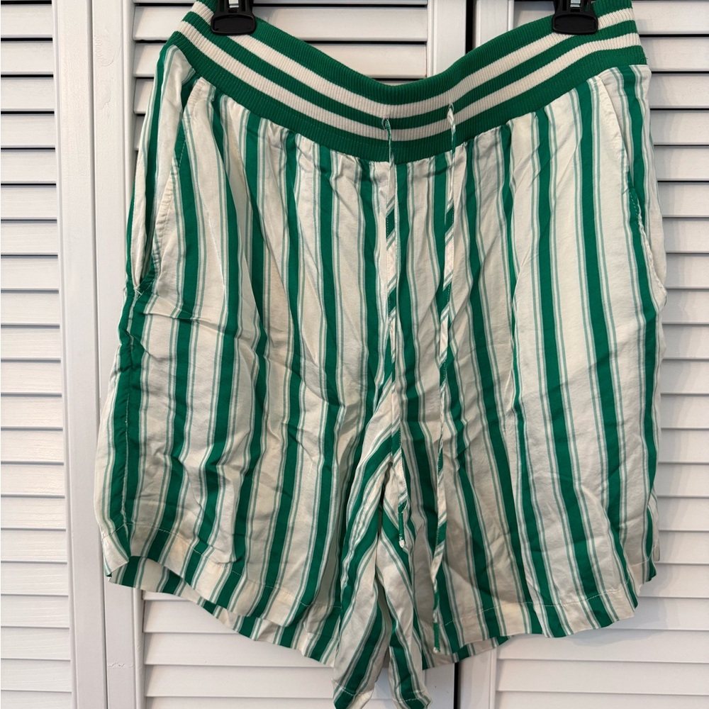 Anthropologie Green and White Athletic Shorts with Vertical Stripes size M